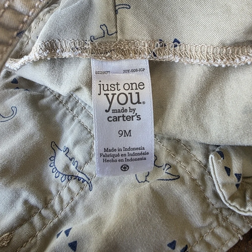 Just One You by Carter's Khaki Dinosaur Print Cotton Overalls, Baby Boys Size 9M